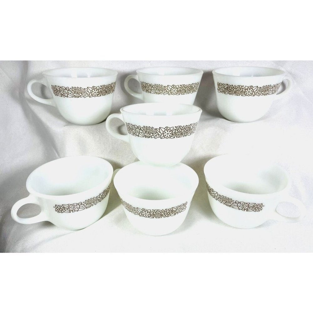 Pyrex Corelle Corningware Woodland Brown Pattern White 8 Oz Coffee Cups Set of 7
